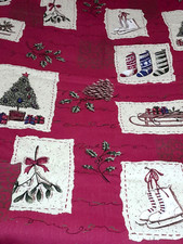Winter Tablecloth 80 X 60 Rectangle Cotton Pinecones Holly Ice Skates Retro