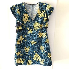 Zara Women floral crepe Mini dress with ruffle sleeves Size M Green Yellow