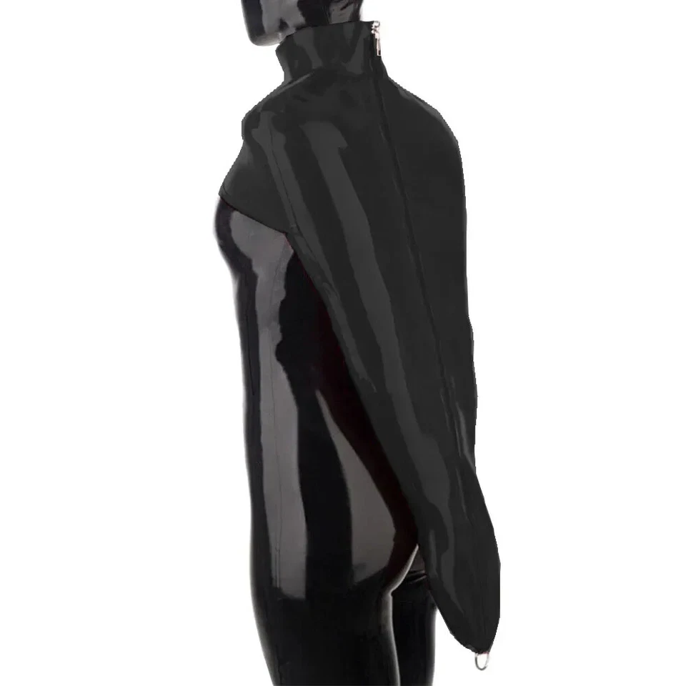 湿 PVC 皮革全袖上衣高领紧身手约束后拉链 — 第 4/4 张图片