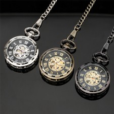 Vintage Style Black/Silver/Bronze Mechanical Pocket Watch Roman Numerals Display