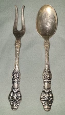 Thorvald Marthinsen silverplate Wild Rose cocktail fork, demitasse spoon, Norway