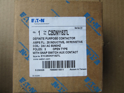 Eaton C25DNY152TL Definite Purpose Contactor 3P 25A 24VAC Coil Aux. C320SNP11