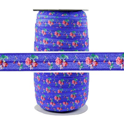 Roses on Sapphire Blue Print Fold Over Elastic 5/8'' 100 YD | Elastic By The Yard