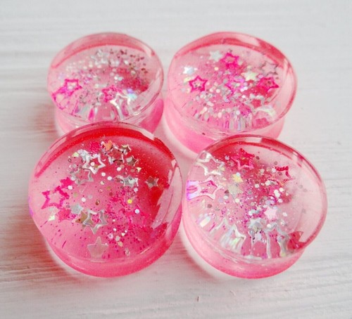 Barbiecore ear plugs GLOWING PLUGS gauges Star Neon Pink glow in the dark Pair - Picture 1 of 10