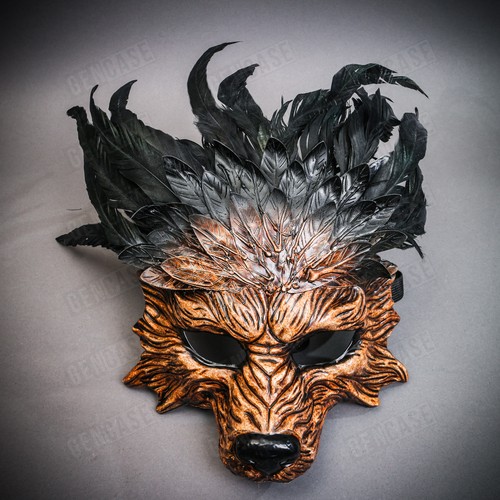 Brauner wilder Wolf Maskerade Maske mit Feder Halloween Kostüm Party Cosplay - Bild 2 von 3