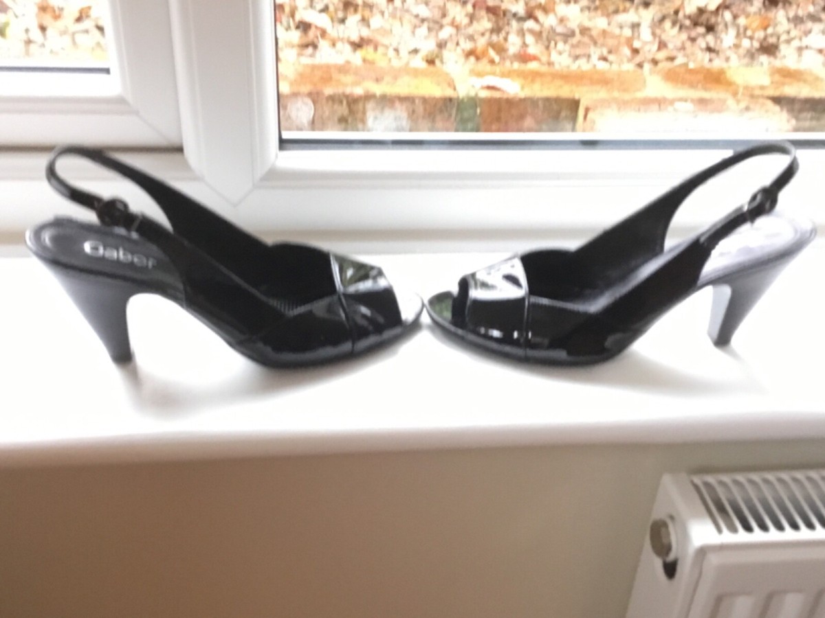 GABOR BLACK PATENT/SHINY SLINGBACK PEEP TOE SHOES SIZE UK
