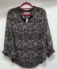 Women's LOFT Ruffle Split Neck Dark Ditsy Floral Blouse Sz. Med New W/tags