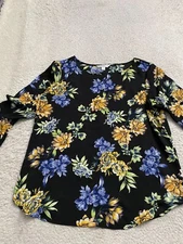 Counterparts Women Floral Long Bell Sleeve Boat Neck T-Shirt Black Size L