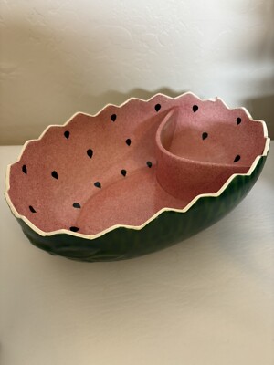 Vntg Hand Painted Ripe Watermelon Cutout Bowl Two Sections Philippines See Pics