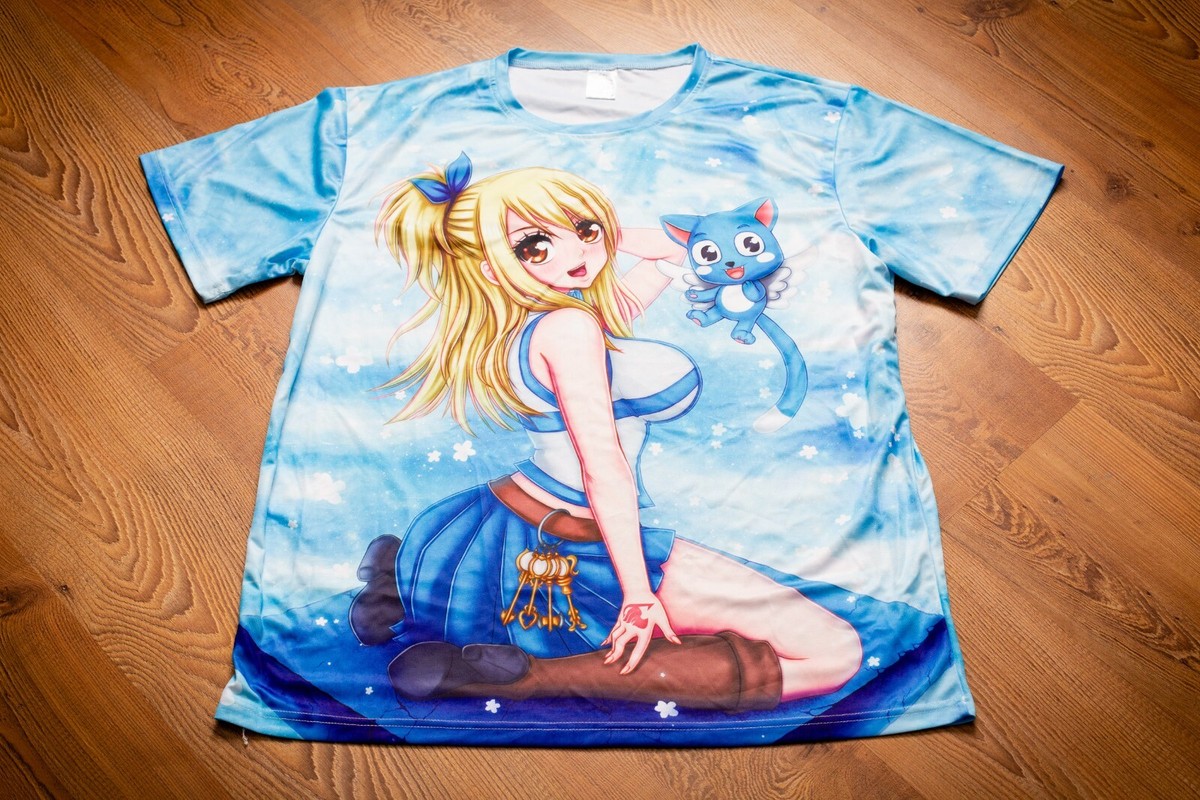All-Over-Print Anime Pinup Girl & Blue Aera Cat T-Shirt XL Happy