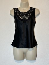 Vtg Black Silky Shiny Satin Lace Embellished Cami Top Small Goth Dark Romantic