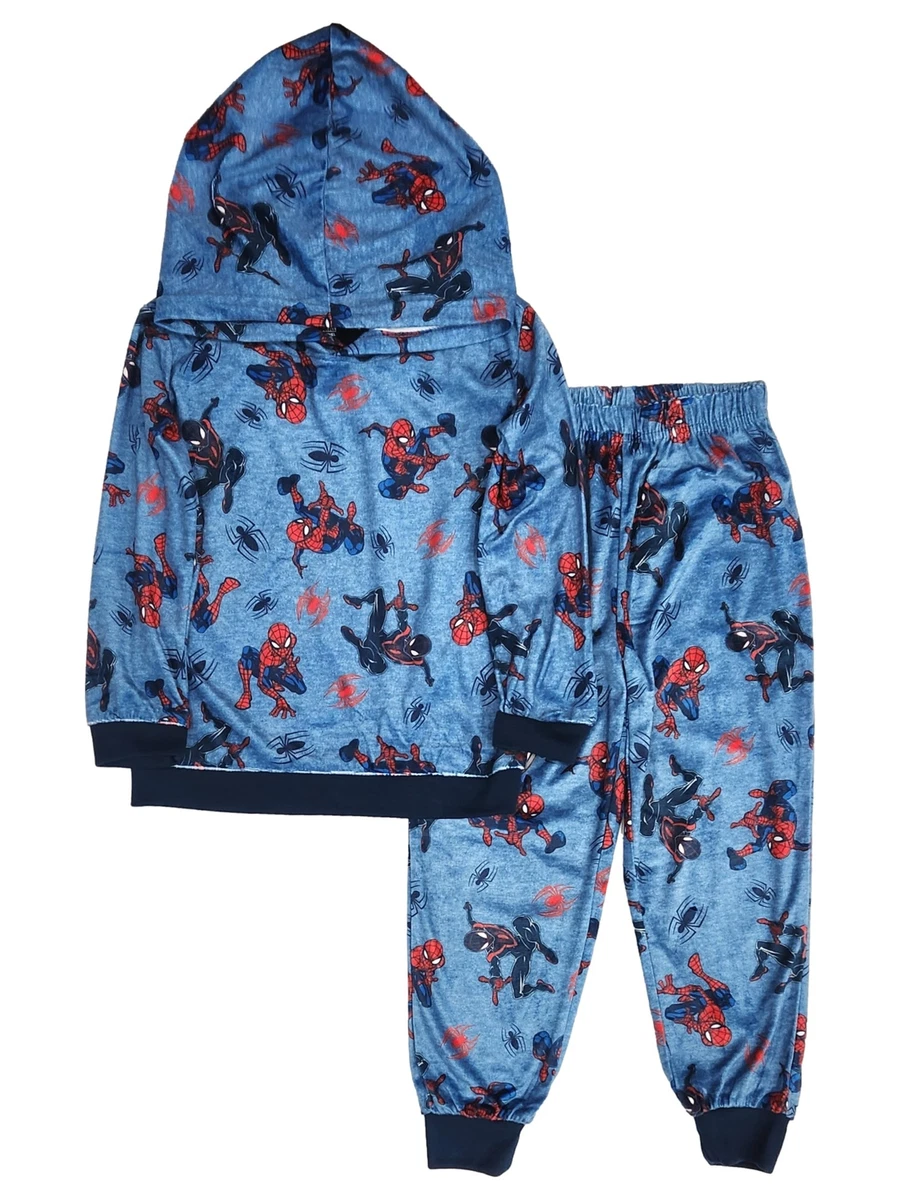 Marvel Boys Blue Spiderman Long Sleeved Hooded 2 Piece Pajama Set XS 4 5
