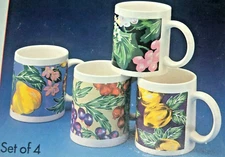 Artmark Set of Four (4) Assorted Fruits Design 12 oz Coffee Mugs. New