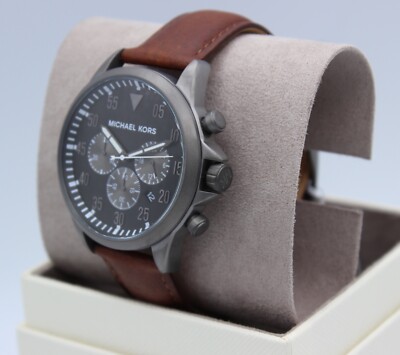 New Authentic Michael Kors Gage Grey Brown Leather Chronograph