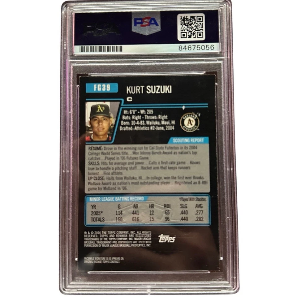 Tarjeta de novato Tops Kurt Suzuki 2006 PSA 10 gemas como nueva certificado autógrafo Foto 2 de 2