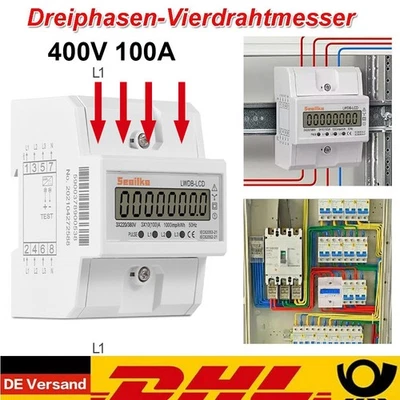 SEAILKA Drehstromzähler geeicht für DIN Hutschiene + 5-100A 230/400V 3 Phasen 4 Draht DE
