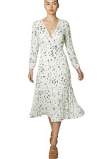 GANNI Wrap Midi Dress | White Floral, Sz 34/XS, Viscose, Bell Sleeves, V Neck