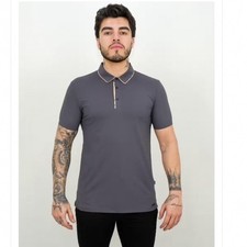 Barabas Mens 2PP827 Polo Shirt Gray Short Sleeve Patterned Trim Collar Large