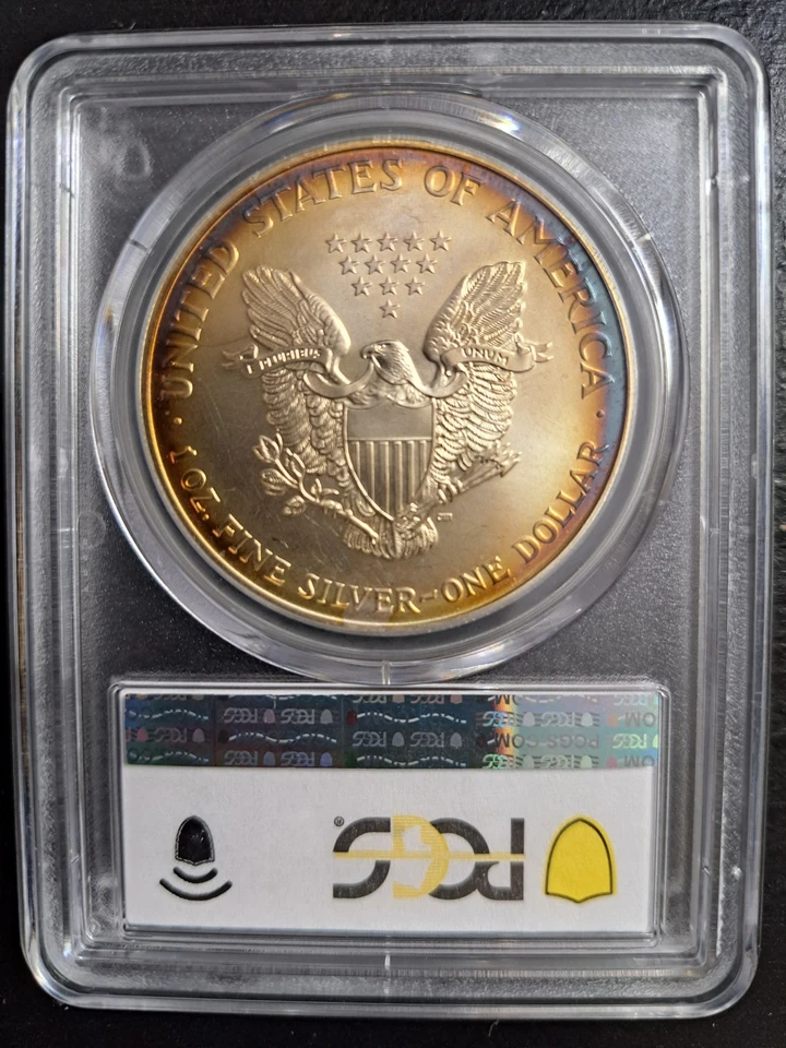 1996 AMERICAN SILVER EAGLE PCGS MS68 MONSTER RAINBOW TONED KEY DATE  - Image 2 of 4