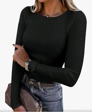  Womens Long Sleeve Ribbed Cotton Spandex Black Slimfit Base Layer Top Sz XXL 