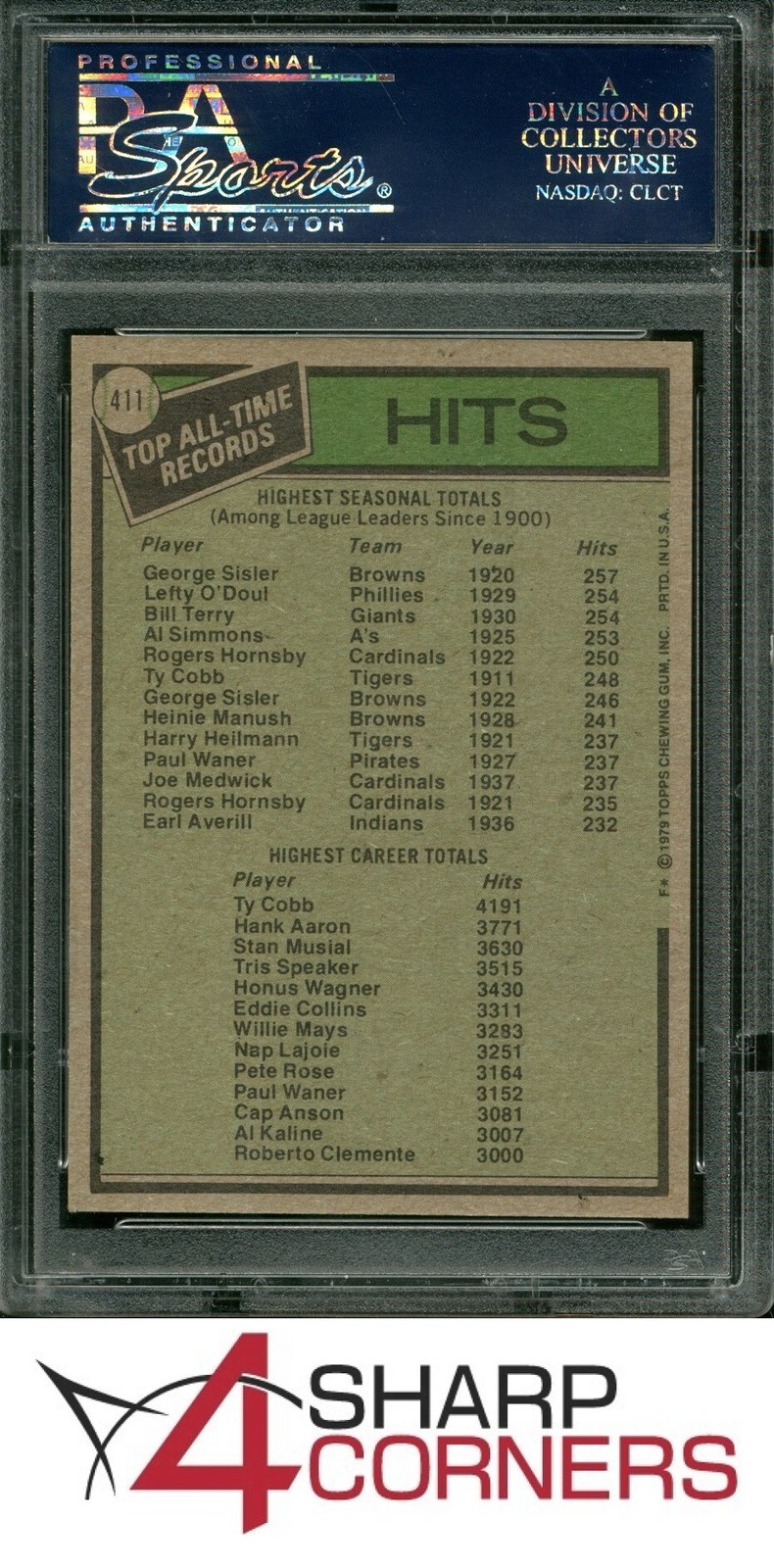 1979 TOPPS #411 TY COBB HOF ALL-TIME HITS LEADERS PSA 9 view 2