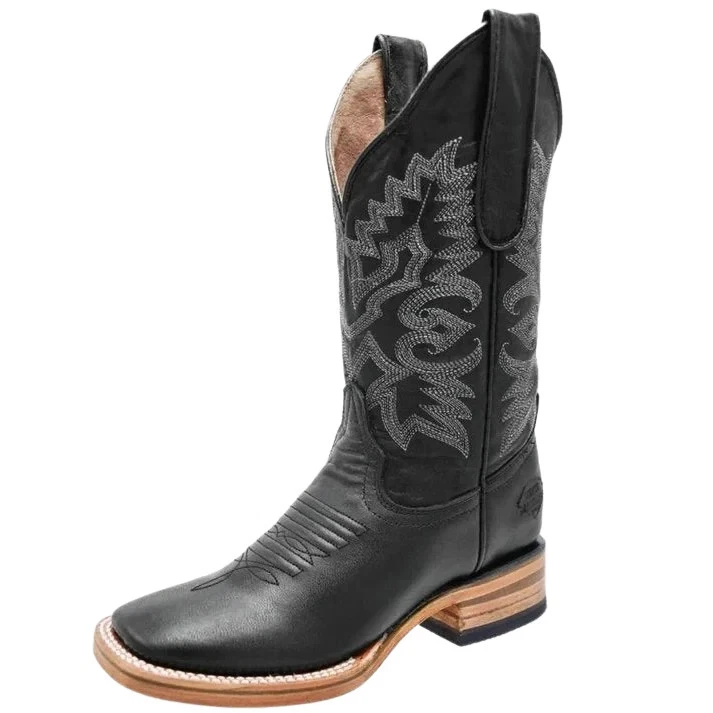 Women’s Genuine Leather Plain Black Napa Leather Square Toe Western Cowgirl Boot
