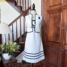 Vintage Matching Dress Set White Black Stripe Rose Elegant Classy Chic