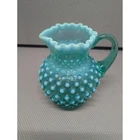 VTG Fenton (?) Teal Blue Opalescent Hobnail Glass Pitcher Ruffled Rim Creamer