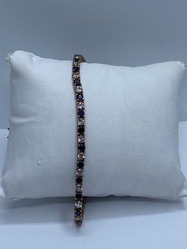 DBJ Sterling Silver Gold-Over Clear Topaz Sapphire Tennis 8" Bracelet 11.5g