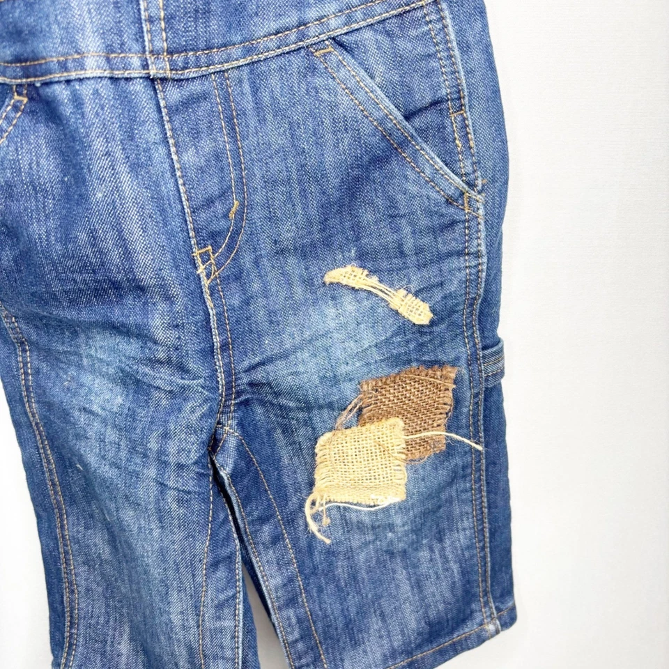 Levis Baby Denim Overalls 12M Blue Distressed Burlap Patches Shortall - Image 3 of 4
