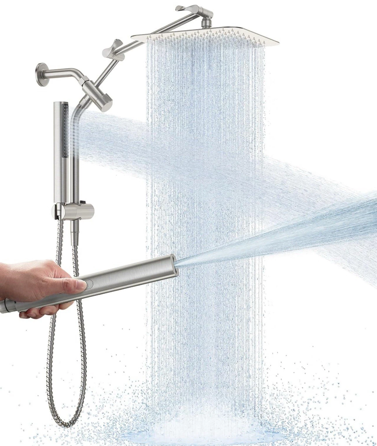 All Metal 10" Brushed Nickel Shower Head w Handheld, Luxurious Square High New