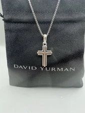 David Yurman Sterling Silver Deco Cross Amulet Pendat With Box Chain 22"