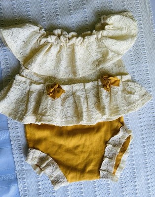 Newborn Photo Prop Two Piece Sitter Romper In Cream and Mustard Color