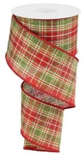 ROLL OF 10 YARDS 2 1/2" WIDE PLAID CHRISTMAS RIBBON WIRED EDGE RED GREEN TAN