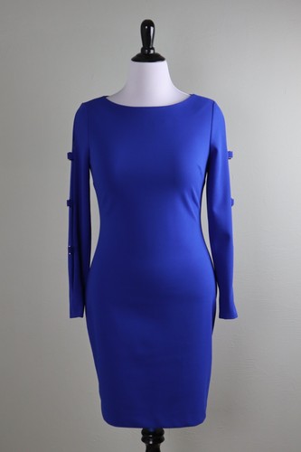 CALVIN KLEIN $134 Cobalt Blue Crepe Stretch Buckle Open Sleeve Dress Size 10