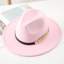 Light Pink Western Cowboy Cowgirl Hat Felt Wide Brim Fedora w/ Gold Leaf Accent