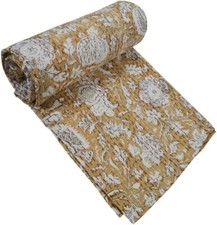 Indian Handmade Cotton Kantha Quilt Hand Block Print King Size Bedspread Blanket