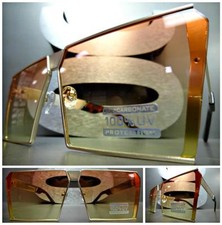OVERSIZED VINTAGE RETRO SHIELD Style SUN GLASSES Gold Frame Orange Yellow Lens