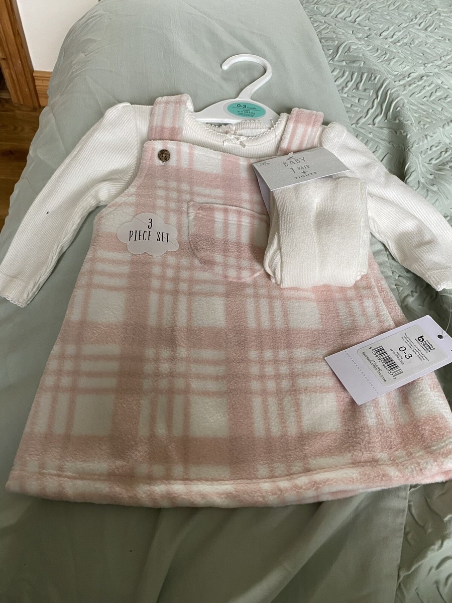 Baby Pink Check Pinafore ,Cream Long Sleeve Top Stud Closing At Bottom,  Tights