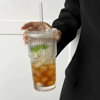 Vertikal Gestreifte Glas Tasse Eiskaffee Matcha Becher Deckel & Strohhalm Reise Zuhause 600ml