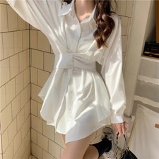 Women Long Sleeve Shirt Dress A-line Short Dress Laple Button Down Dress Summer
