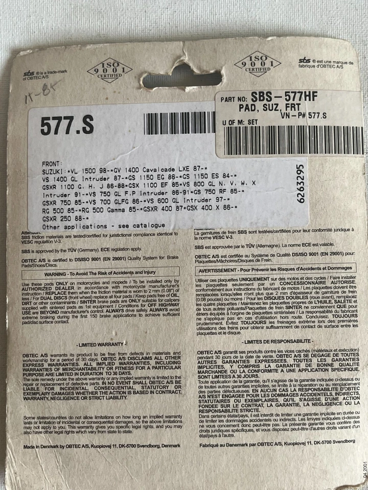 Juego de pastillas de freno, cerámica delantera SBS 577HF se adapta a: Suzuki GS1150 GSX-R1100 GSX-R750 Foto 2 de 2