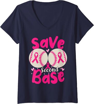 Save Second Base Funny Baseball Breast Cancer Proud Ladies' V-Neck Tshirt
