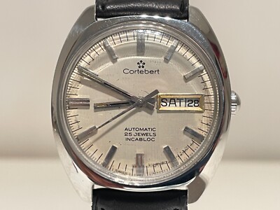 VINTAGE BEAUTIFUL ST. STEEL MEN'S SWISS AUTOMATIC DAY DATE WATCH ''CORTEBERT''25J