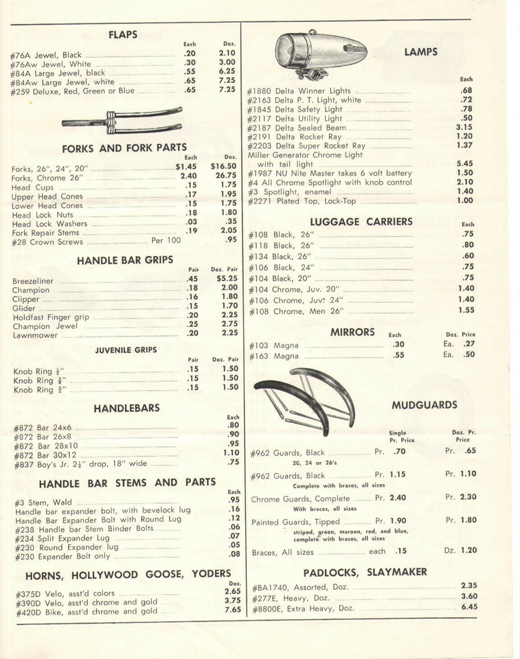 Catalogue Pièces Bicyclette Vintage 1954 - Rollfast Dixie Cycle - 6 Pages - USA