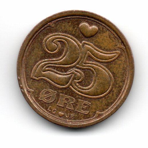 Denmark 1996, Crown of Christian V (1646-1699) in center, 25 ØRE,