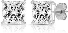 Solid 14k White Gold Square Solitaire CZ Princess-cut Stud Earrings