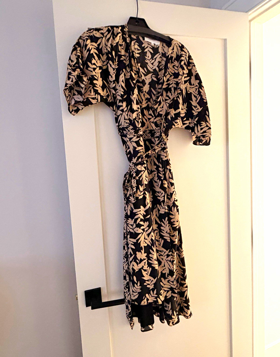 ba&sh Black/Beige Floral Wrap Midi Dress S V-Neck 3/4 Sleeve