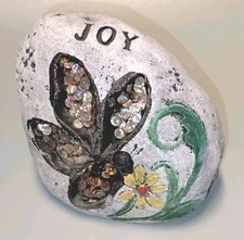 Garden Decor Rock Word JOY Stone with Sequins Butterfly & Flower Inspirational 