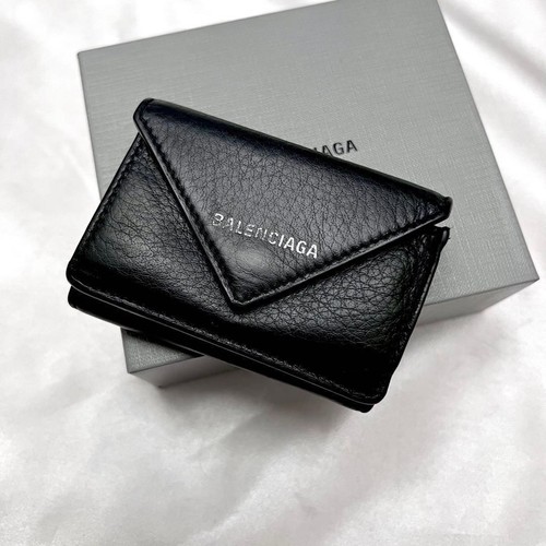 BALENCIAGA Paper Mini Wallet Tri-fold Black Silver Logo Leather Compact